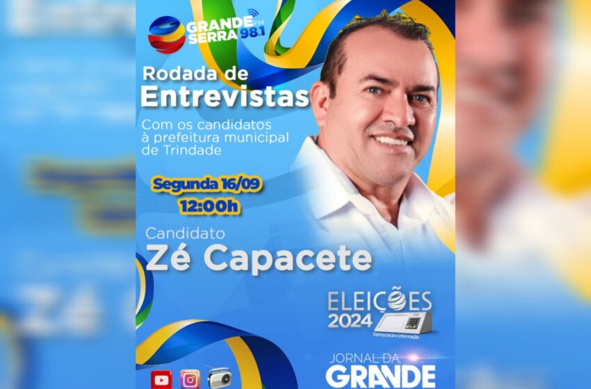  Zé Capacete, que disputa o cargo de prefeito em Trindade, participa de sabatina na Rádio Grande Serra FM